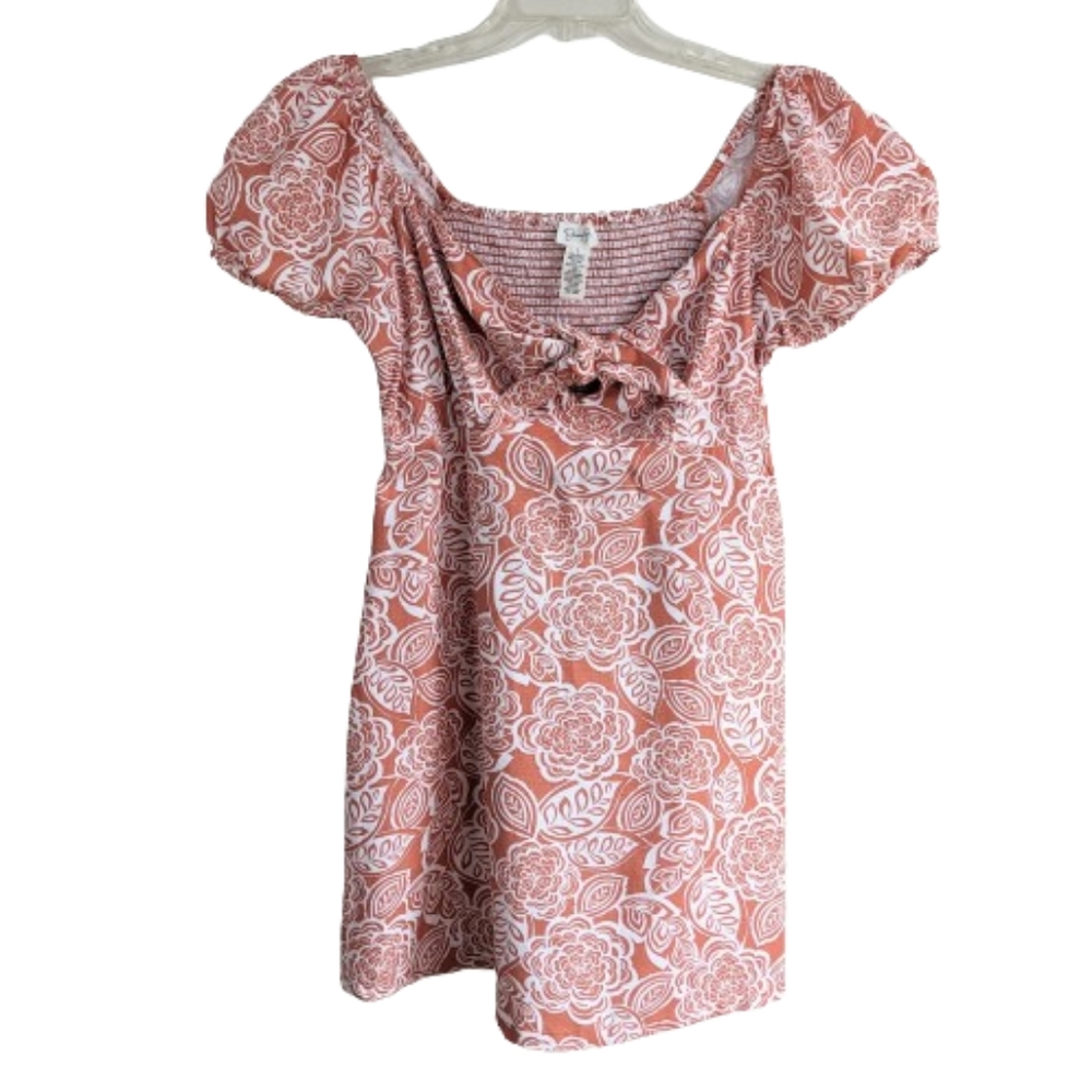 Jessica Simpson Dress Orange White Floral Print Front Tie Smocked Puff S…